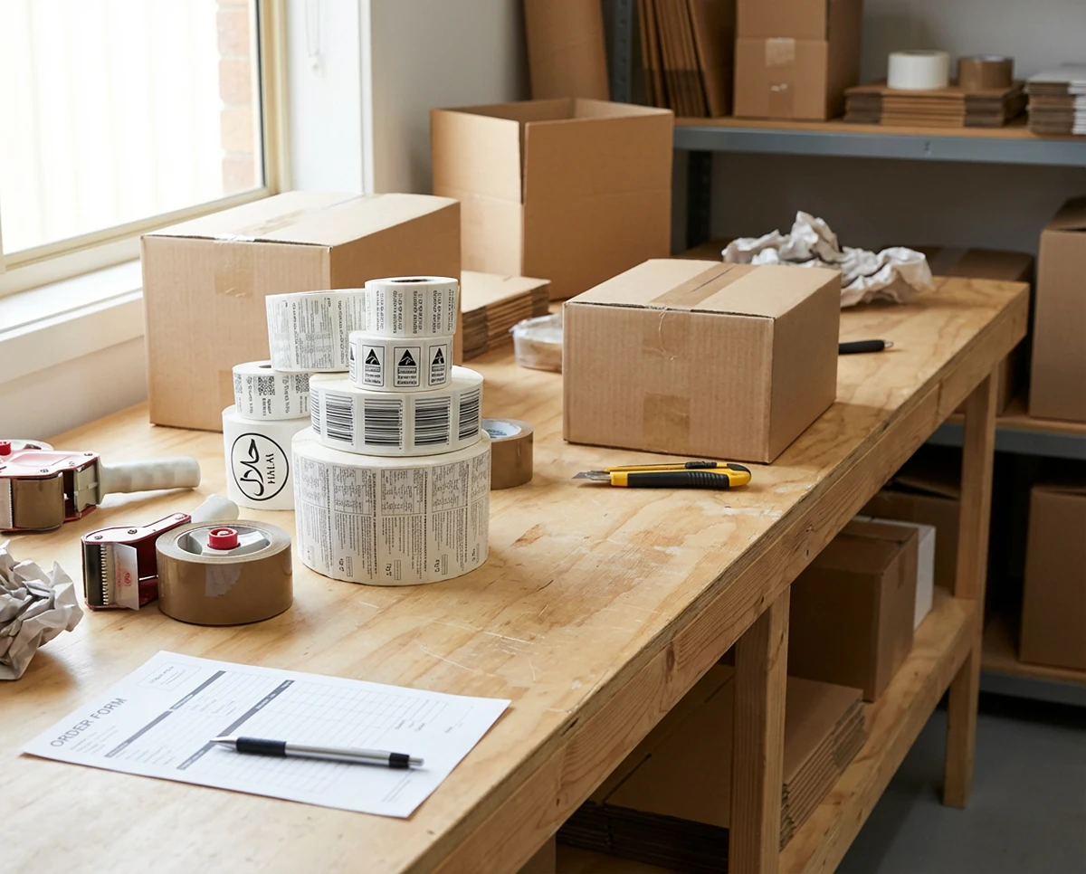 Package label rolls on a table among boxes