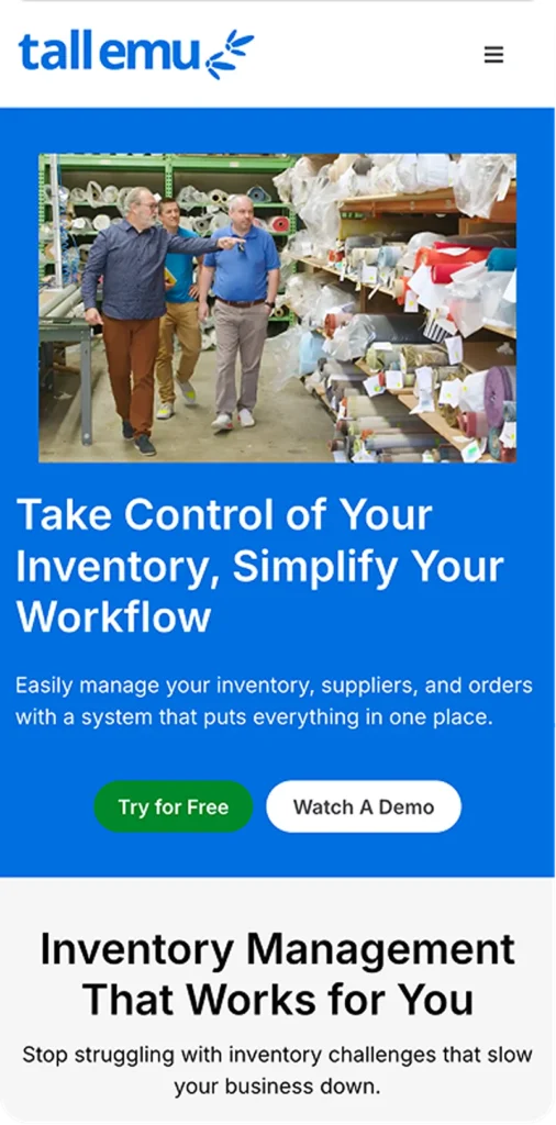 Tall Emu homepage mobile layout