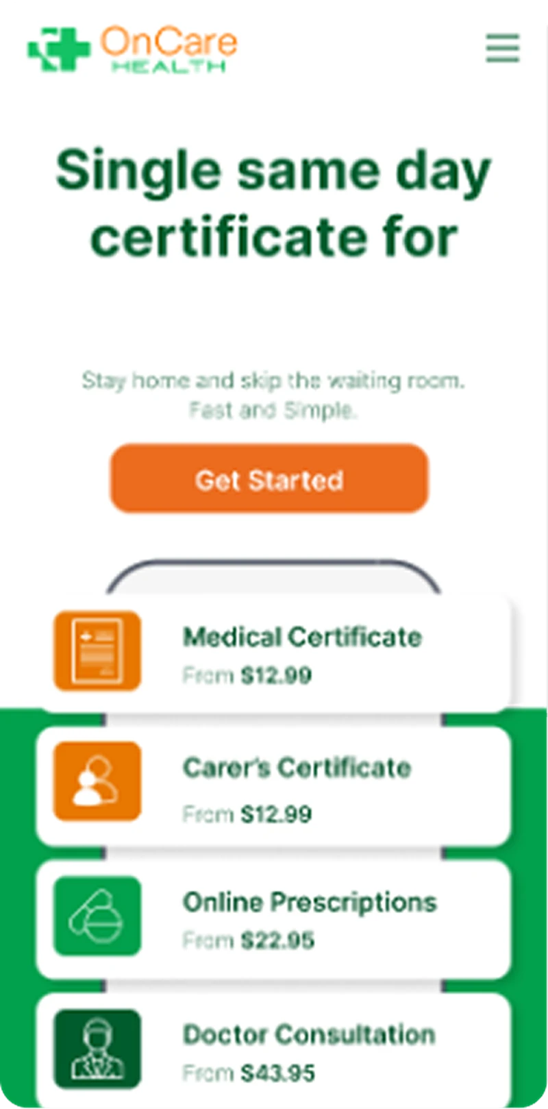 OnCare Health homepage mobile layout
