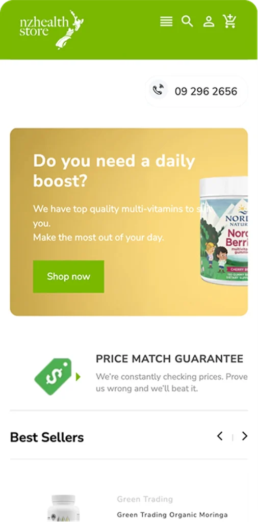NZ Health Store homepage mobile layout