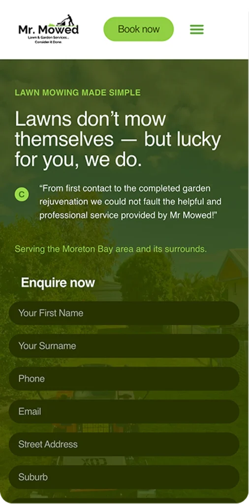 Mr Mowed homepage mobile layout