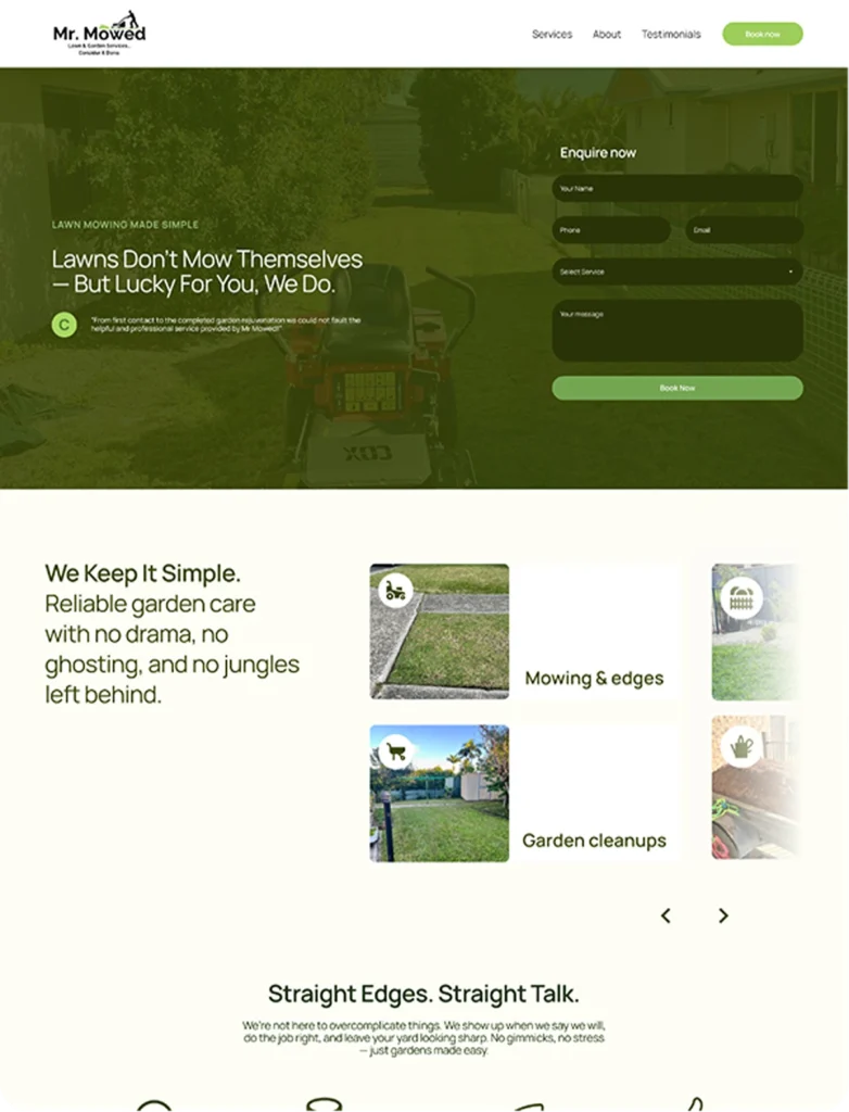 Mr Mowed homepage desktop layout