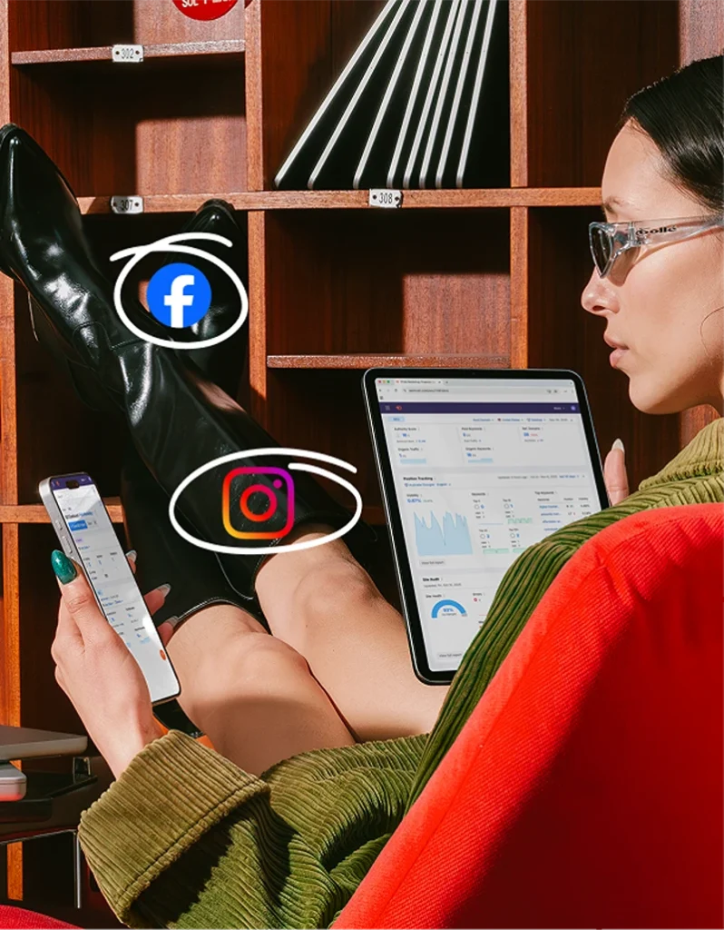 Photo of person using Semrush on an iPad, with overlaid social media icon graphics