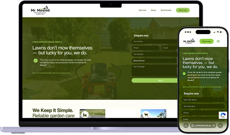 Mr Mowed homepage on a laptop screen