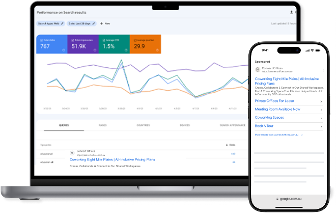 Google Search results and Google Search Console UI displayed on two device screens